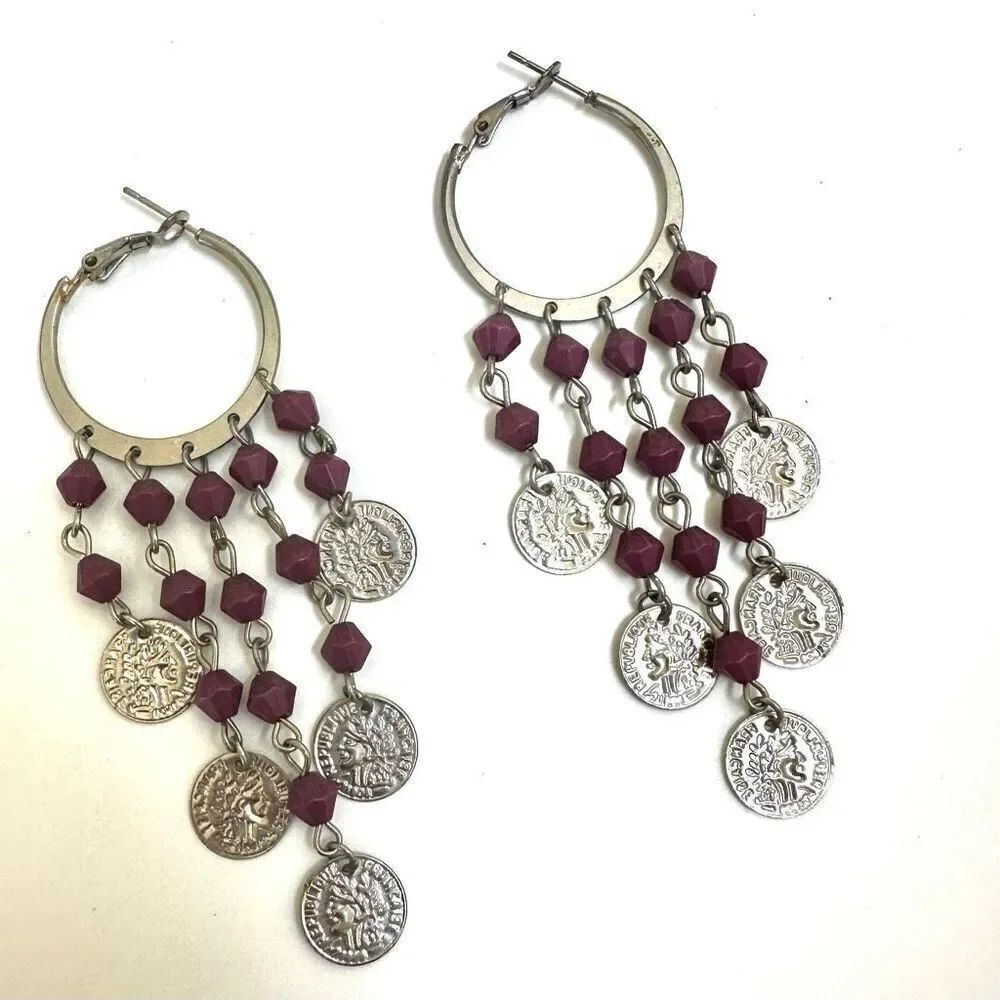 Silver tone hoop purple beaded coin dangling earrings